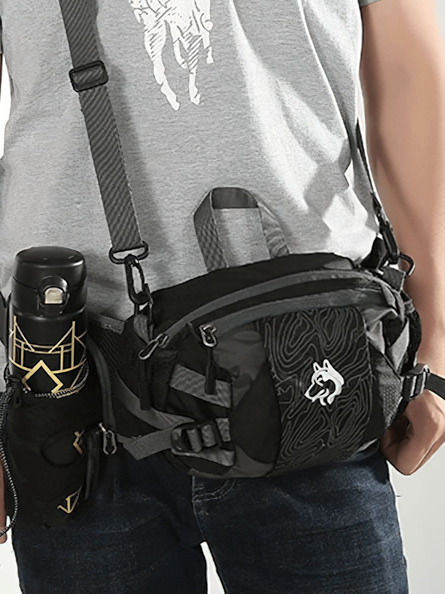 Unisex multi-purpose outdoor waist bag with diagonal belt, 8L capacity, durable nylon, outdoor sports accessory in black.